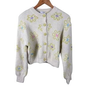Zara Cardigan Women Small Cream Floral Embroidered Knit Button Front Jacket